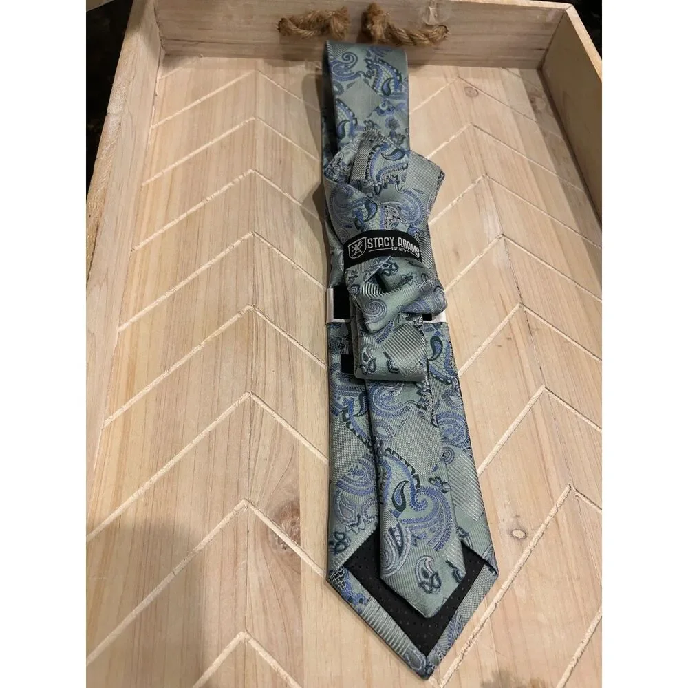 NWT Stacy Adams Tie & Pocket Square Set Sage Green Slate Blue Paisley